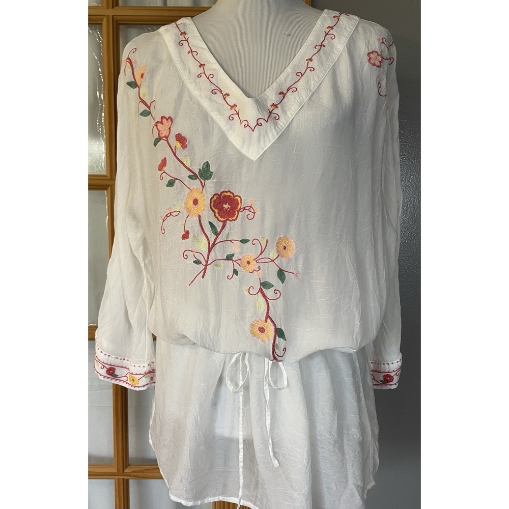J Jill Embroidered Floral Swim Cover Up Womens M Tunic White Pink Coastal Boho